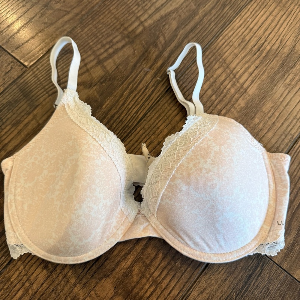 Lucky Brand Pink White Lace‎ Trim Bra Size 36B